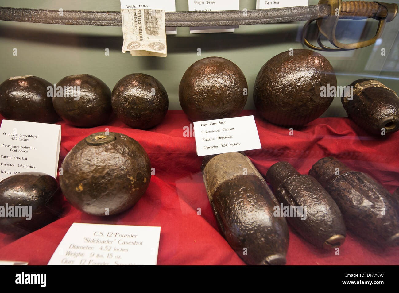 Civil War cannon balls ball ammo ammunition exhibits at Port of O'Plymouth Roanoke River Museum Plymouth North Carolina, USA. Stock Photo