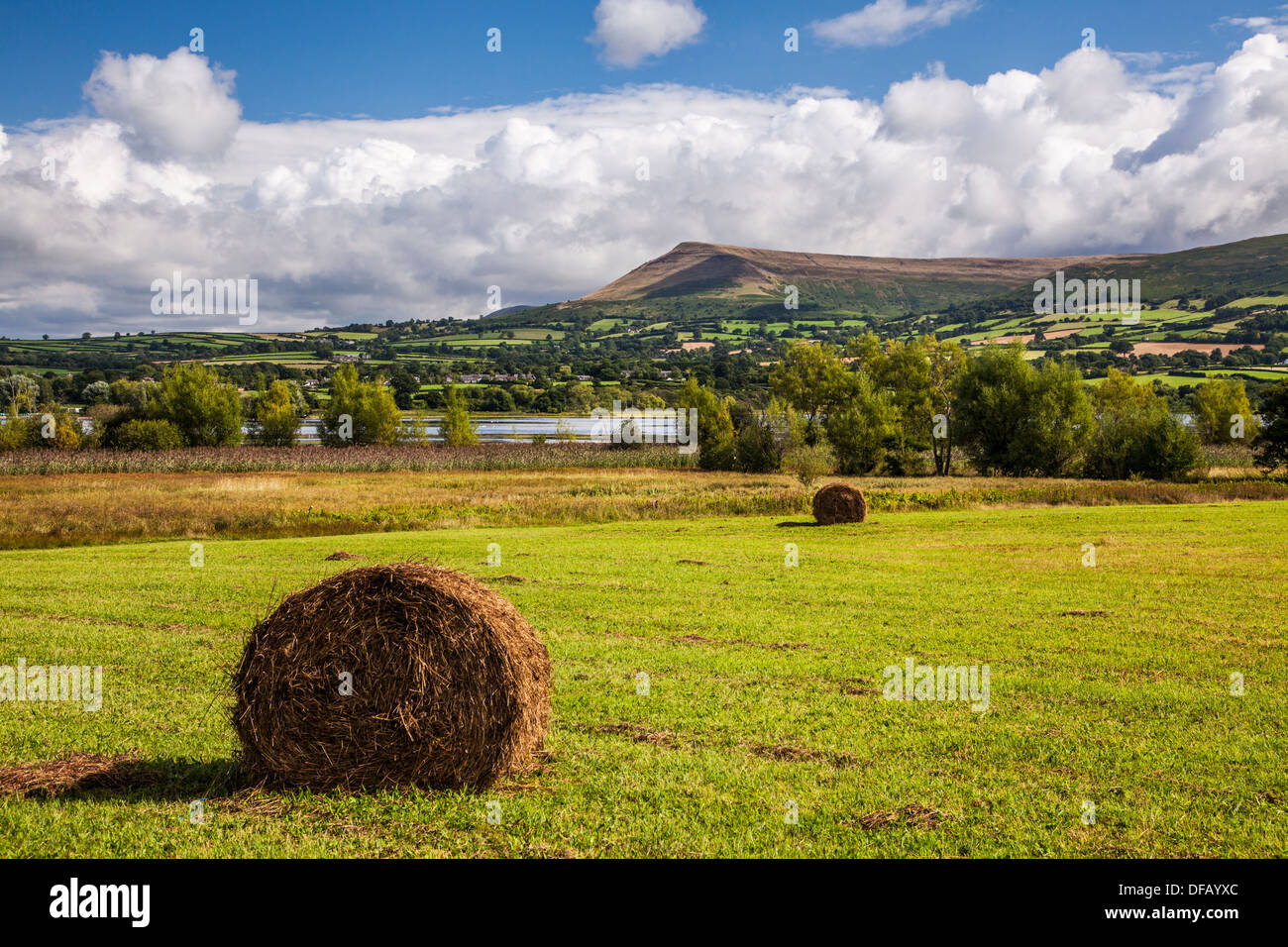 View of the Brecon Beacons over Llangorse Lake. Stock Photo