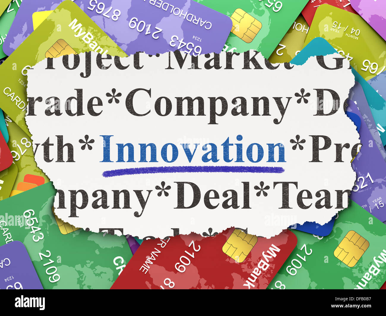 Torn newspaper with words innovation on credit card background Stock Photo