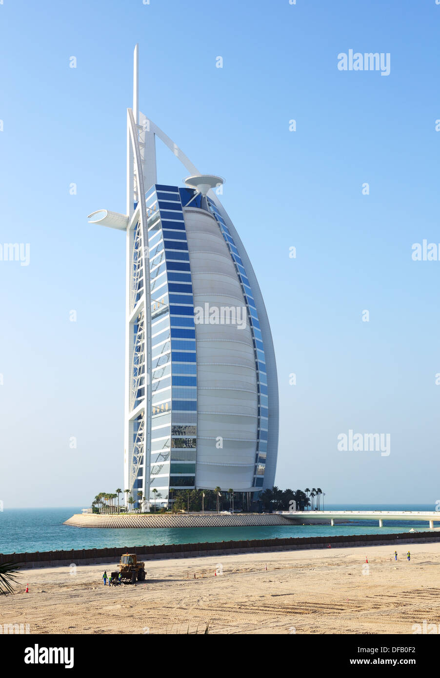 The view on world's first seven stars luxury hotel Burj Al Arab 'Tower of the Arabs' and construction site for a new hotel Stock Photo