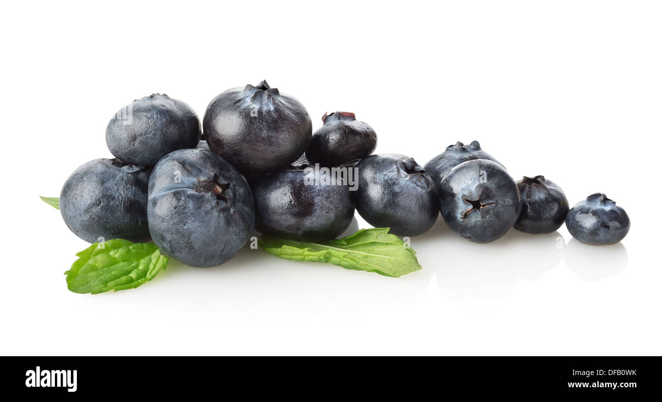 Blueberry with green leaves isolated on a white background Stock Photo