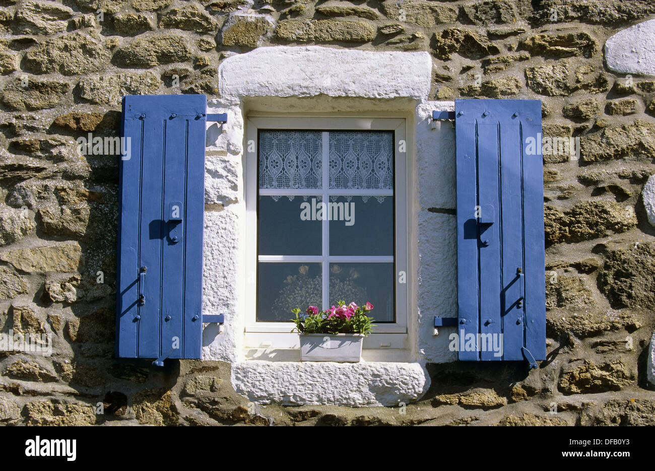 Window of a traditional  house on Ouessant Island, Ile bretonne, Finistère, France Stock Photo