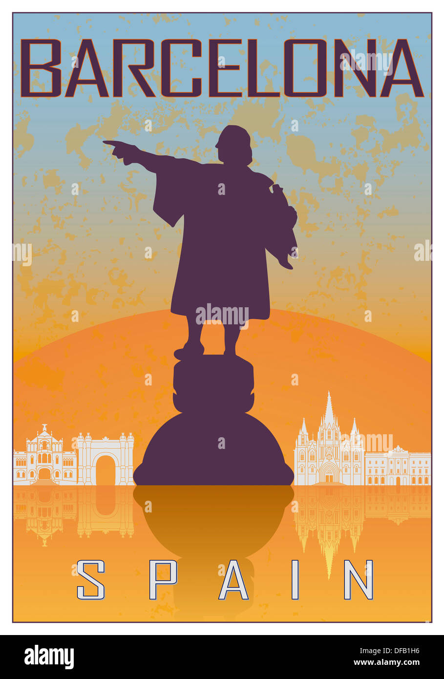 Barcelona vintage poster in orange and blue textured background Stock Photo