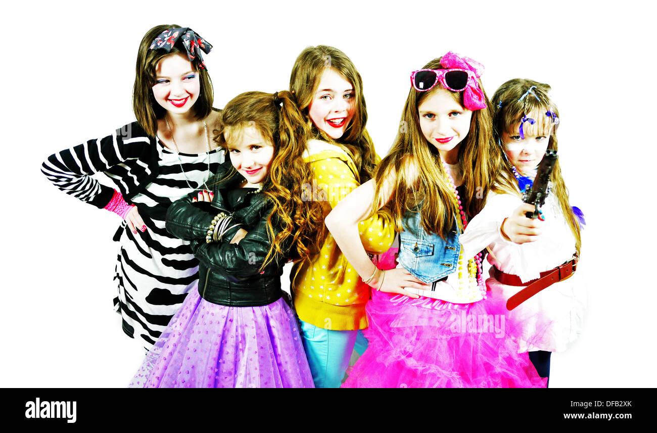 five 10 year old girls dressed up as 80s pop stars for a party Stock Photo