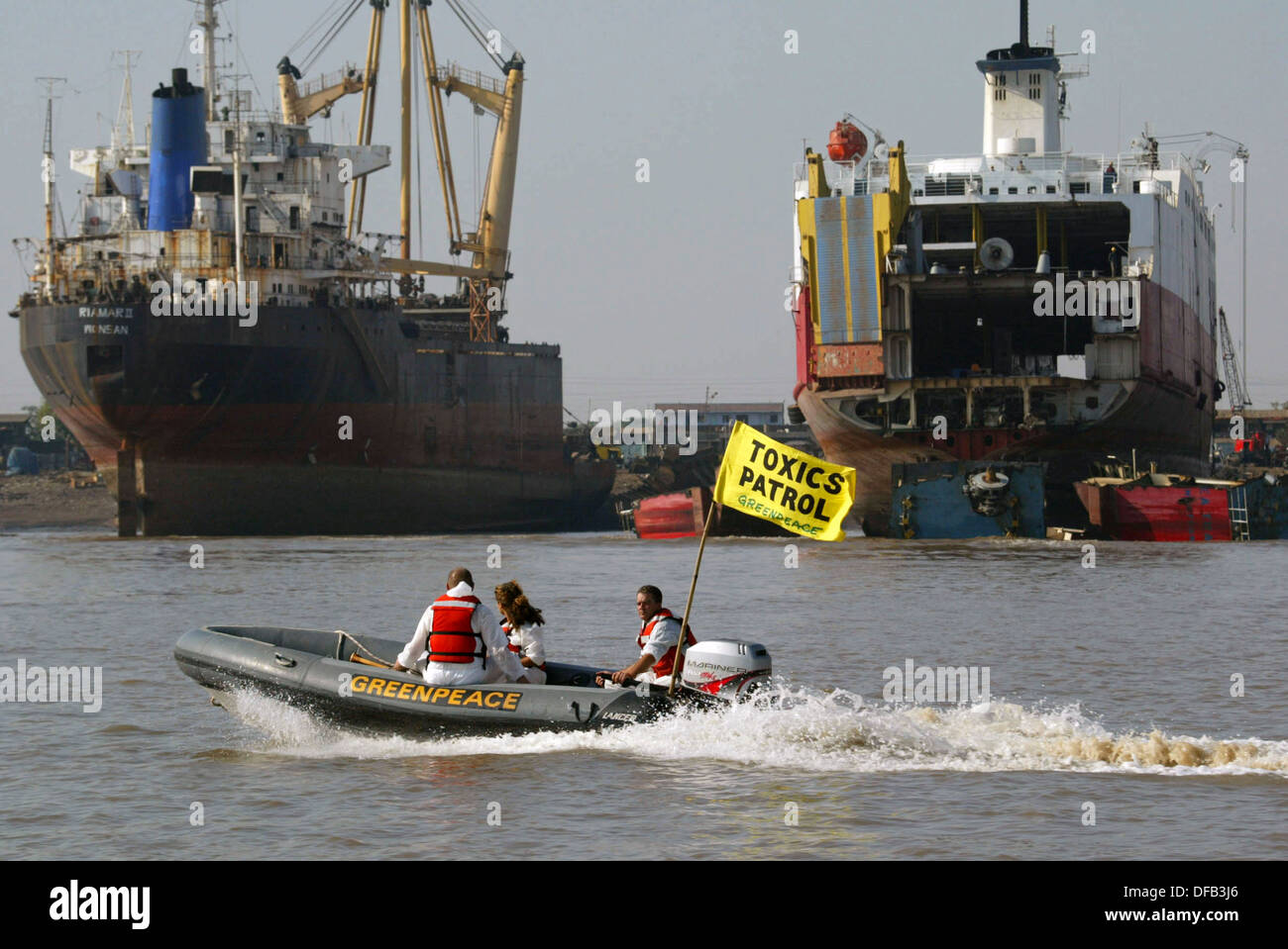 Greenpeace activists protest in front of two illegal ships from United Kingdom which are thought to have toxic substances onboar Stock Photo