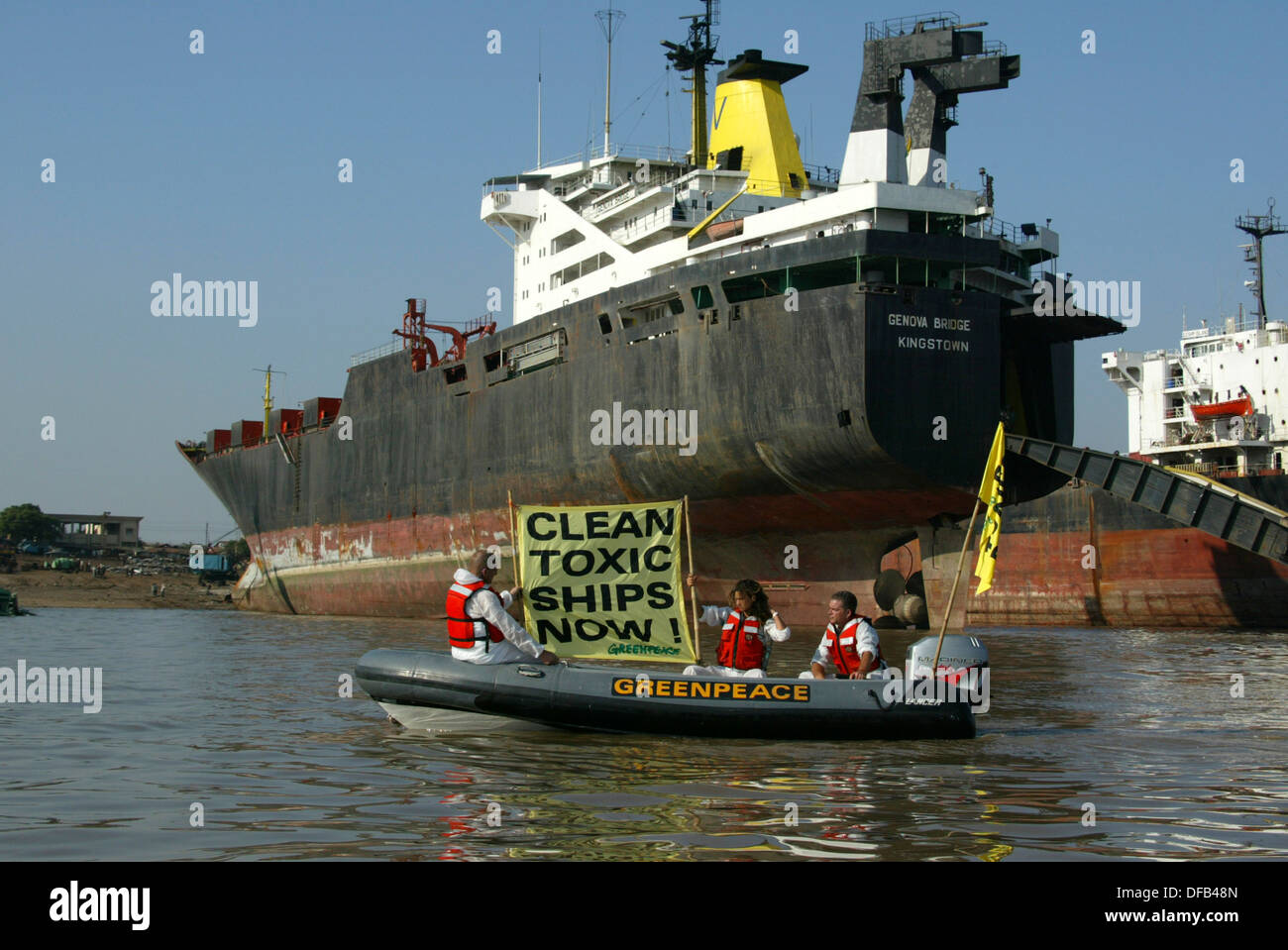 Greenpeace activists protest in front of two illegal ships from United Kingdom which are thought to have toxic substances onboar Stock Photo