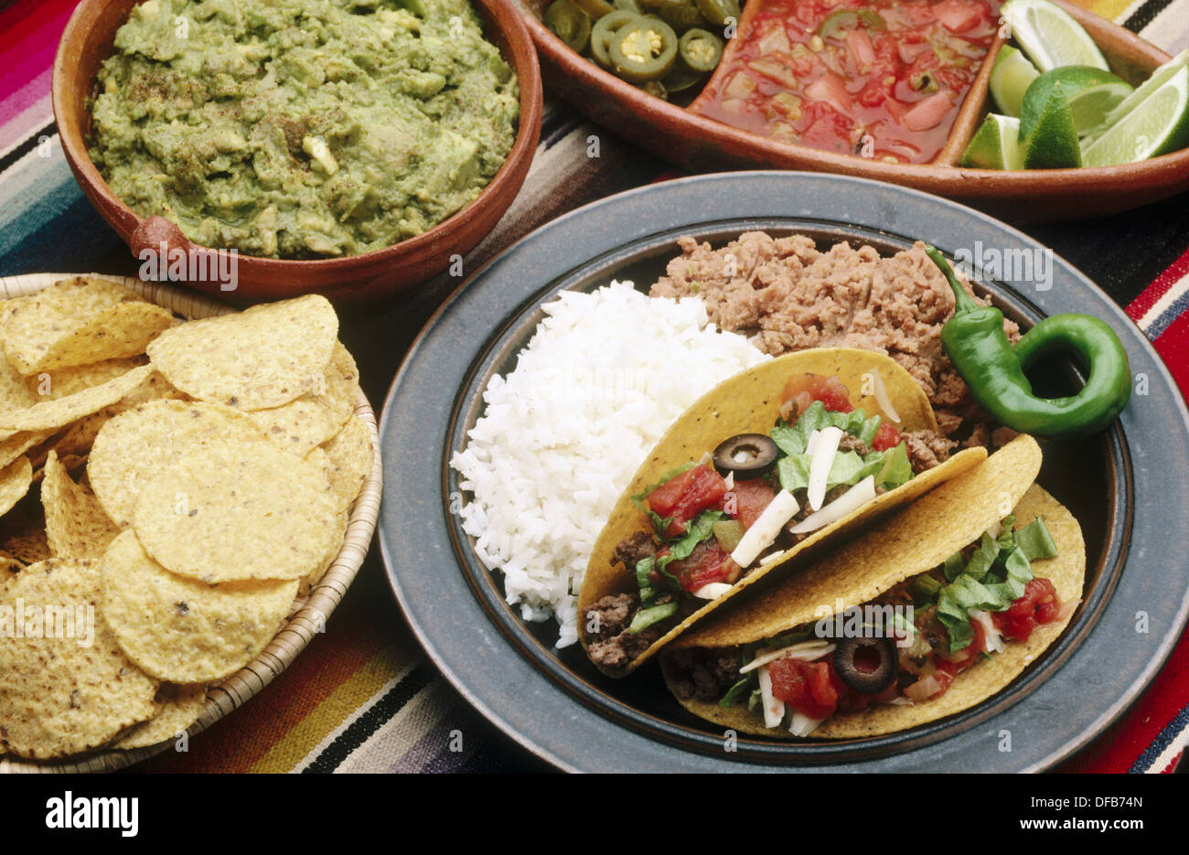 Tostadas, guacamole, salsa and tacos Stock Photo Alamy
