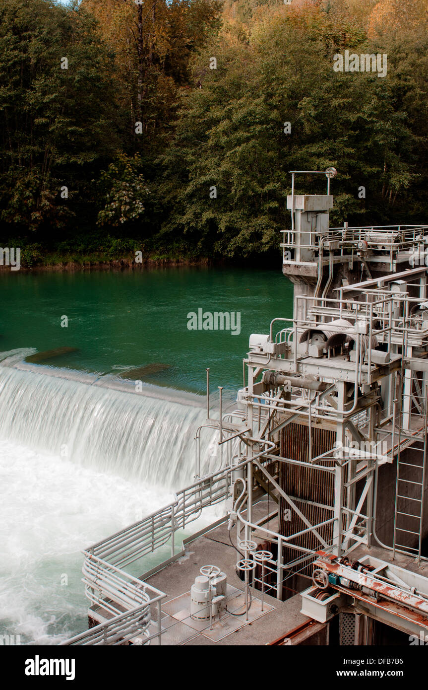 Small hydroelectric power plant, built on scenic river near the town of