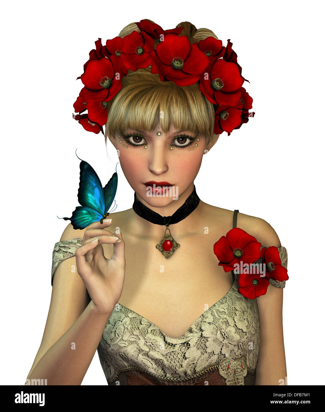 3d Computer Graphics of a Girl with red Poppies in her Hair Stock Photo