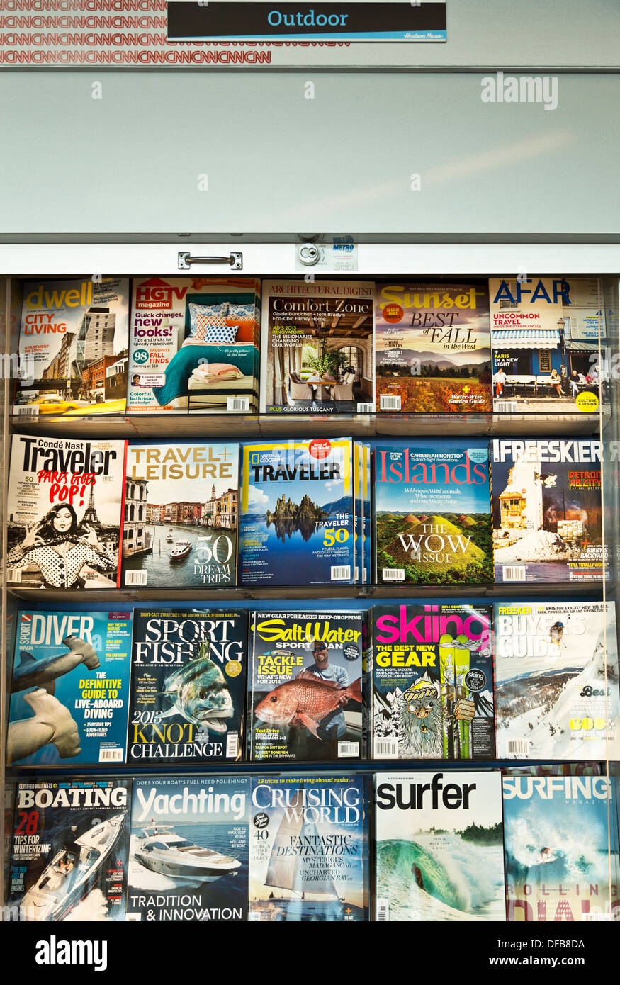 Outdoor magazines for sale on shelf in bookstore Stock Photo