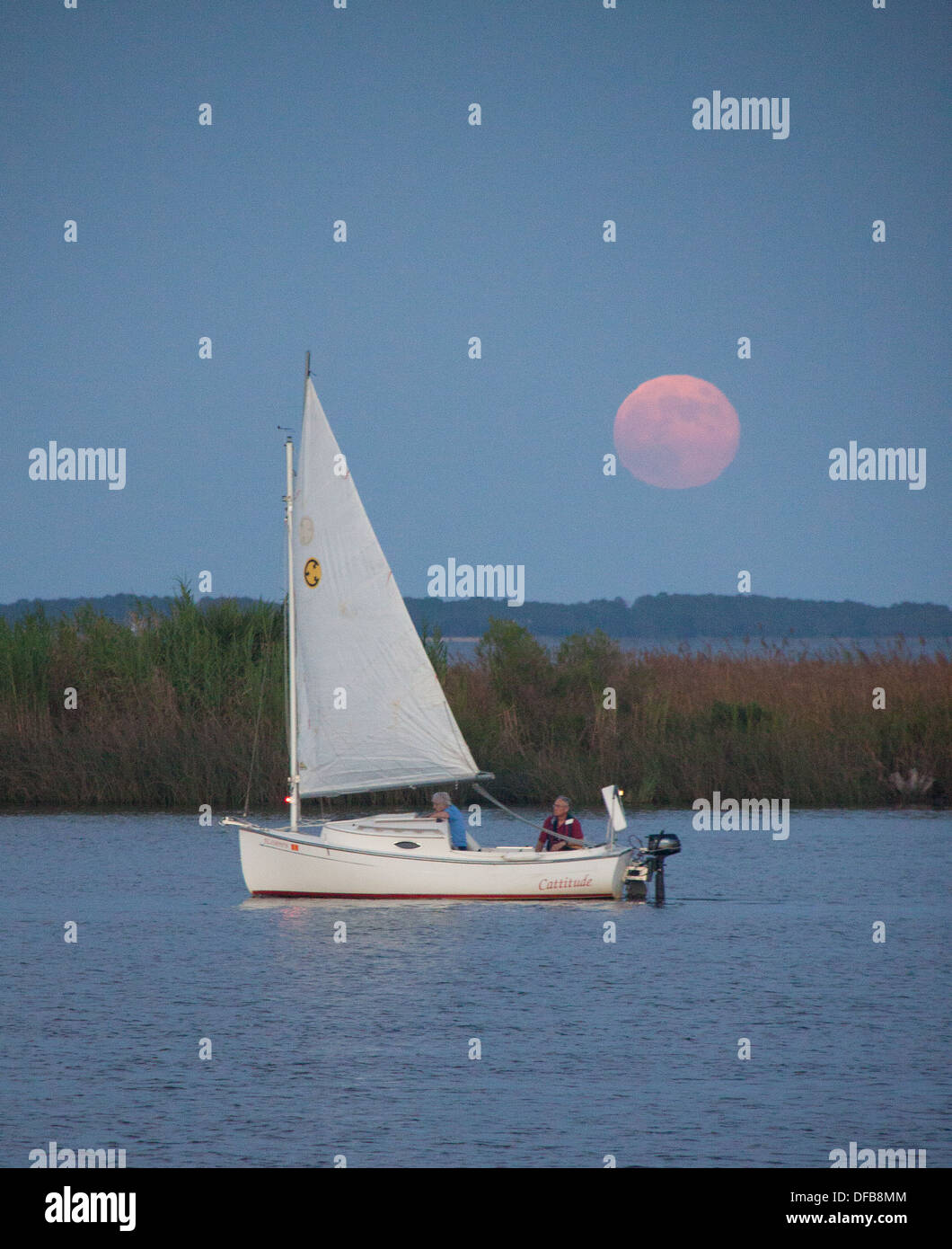 Sailing into harbor as the full moon rises Stock Photo