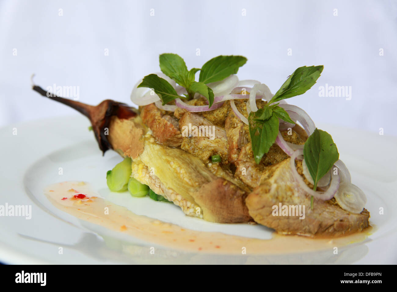 Asian cuisine, Roast, eggplant with grilled pork loin Stock Photo
