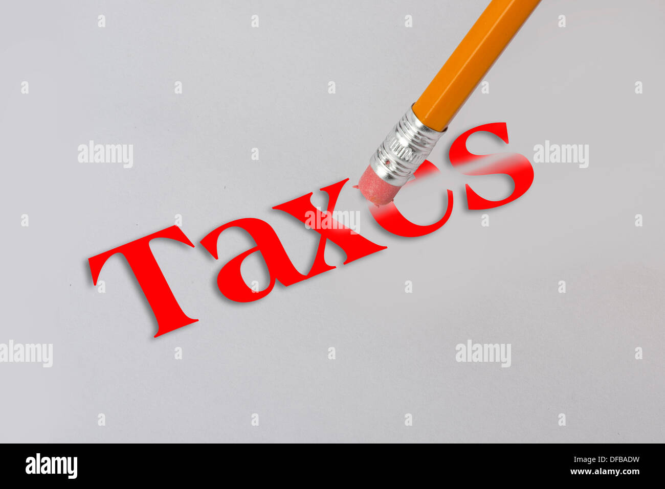 Yellow pencil erasing taxes on white paper. Stock Photo