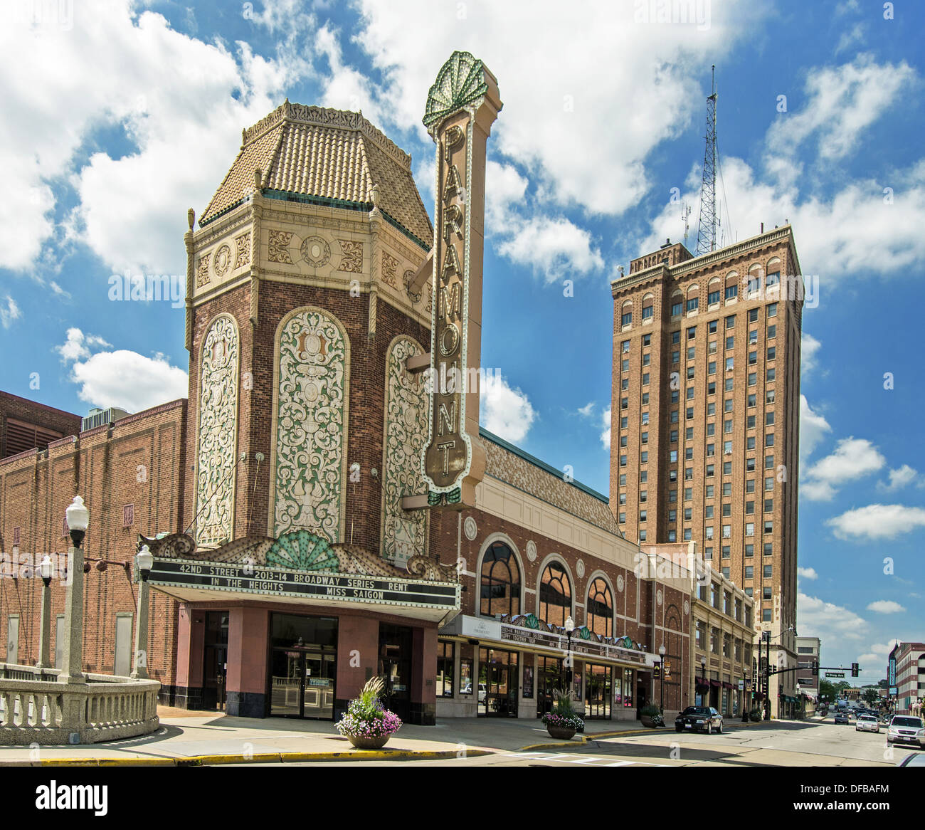 The Paramount Theater in Aurora, Illinois along the Lincoln Highway is on the National Register of Historic Places. Stock Photo