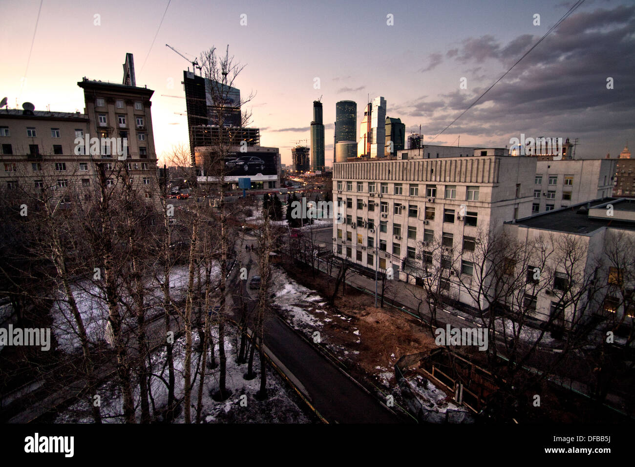 Cityscape Moscow winter view to Moscow-City at dusk wide angle perspective Stock Photo