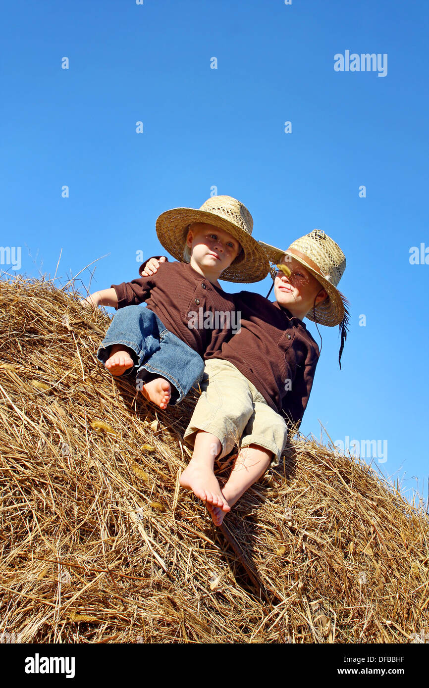 Two happy young children, a boy and his baby brother, are sitting on a hay bale in a field on a farm, wearing straw cowboy hats Stock Photo