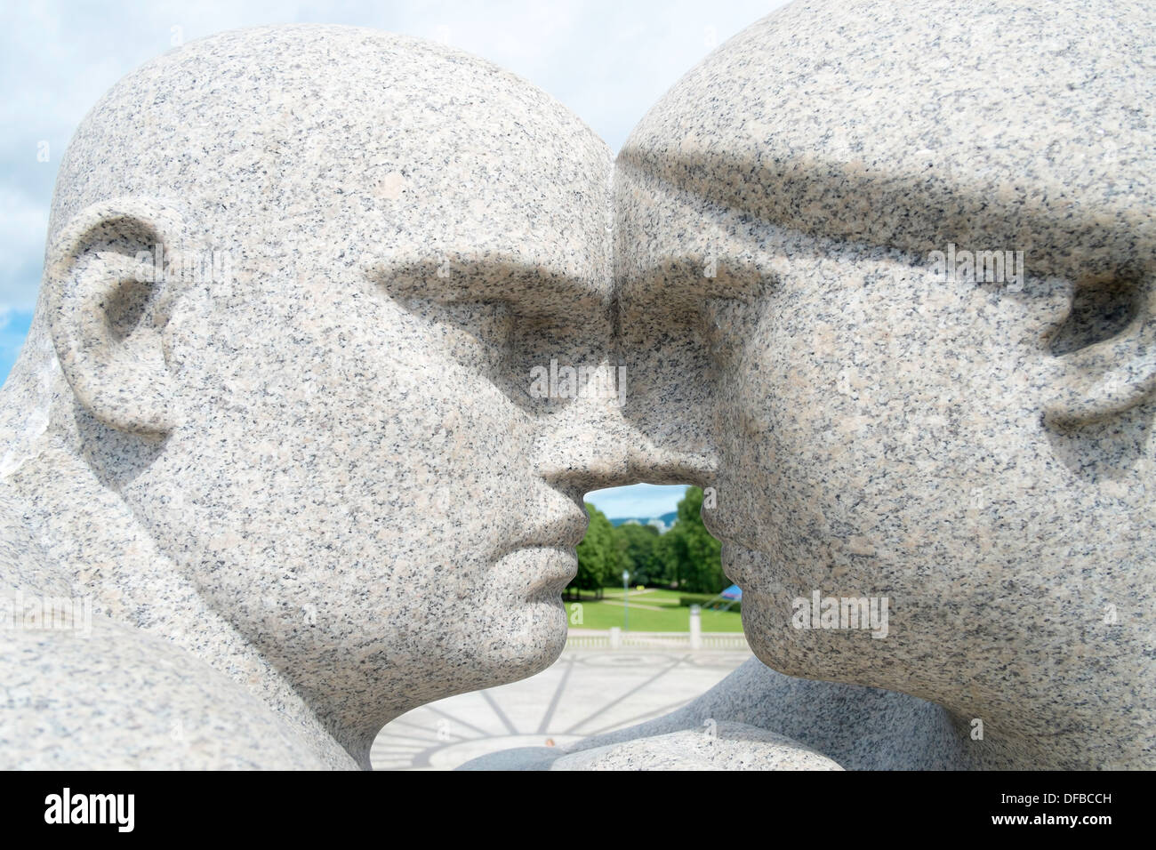 Vigeland's sculpture of two heads touching, Vigeland Sculptural Arrangement, Frogner Park, Oslo, Norway Stock Photo