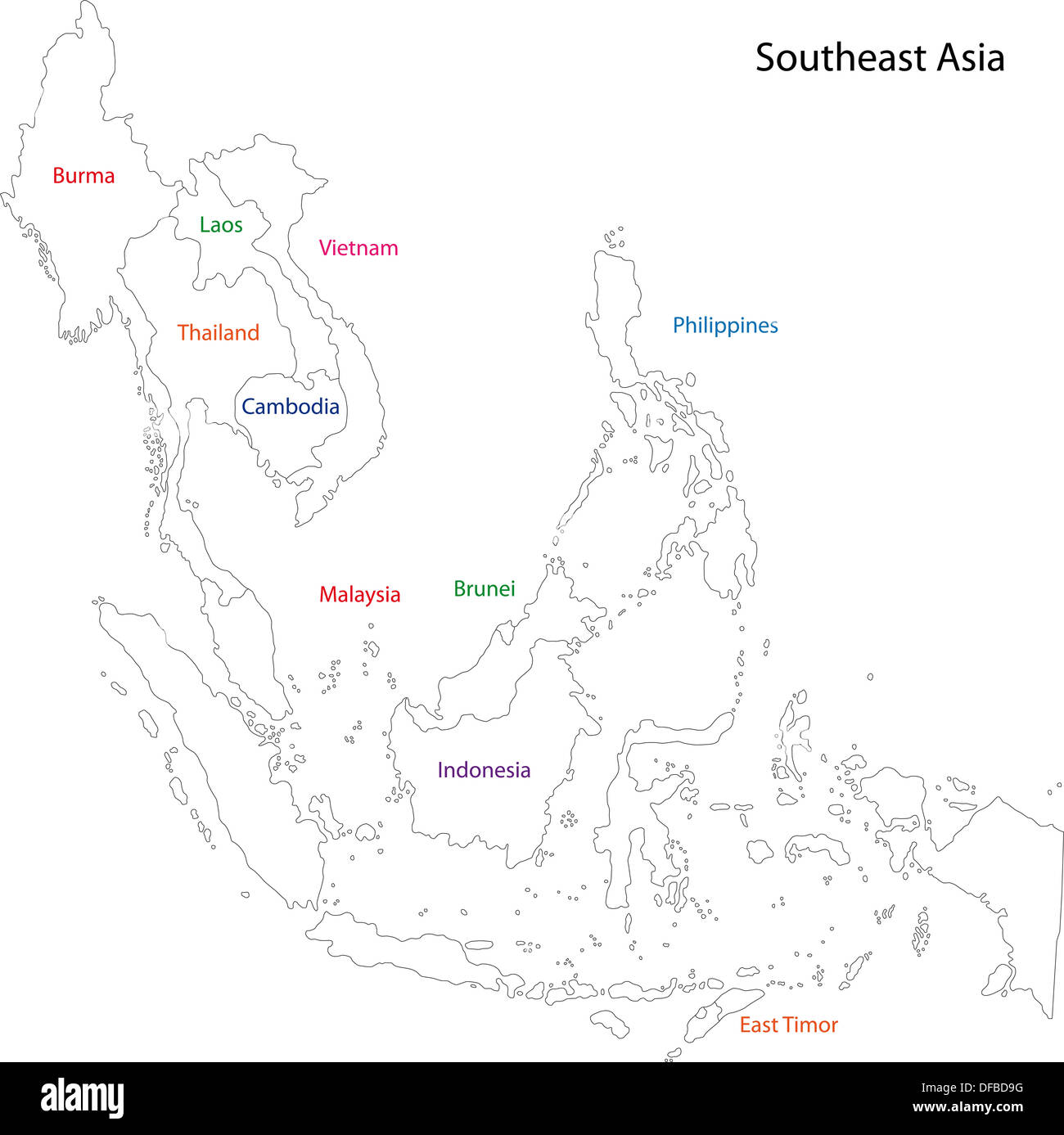 Outline Southeastern Asia Stock Photo