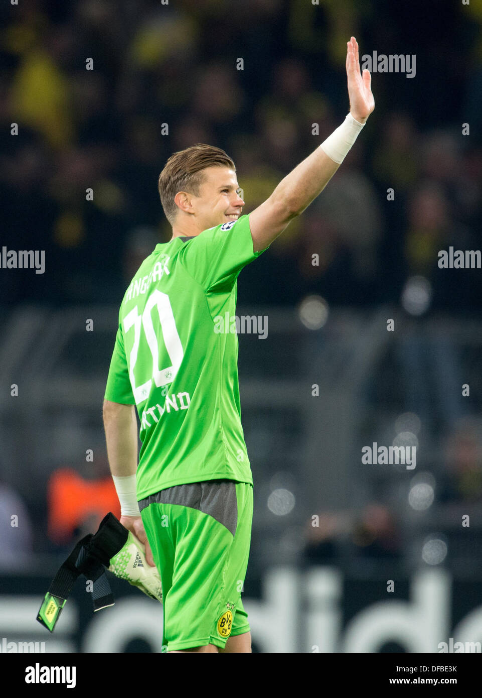 Dortmund, Germany. 01st Oct, 2013. Borussia Dortmund's goalkeeper Mitchell Langerak waves to the fans after the Champions League Group F match between Borussia Dortmund and Olympique Marseille in Dortmund, Germany, 01 October 2013. Photo: Bernd Thissen/dpa/Alamy Live News Stock Photo