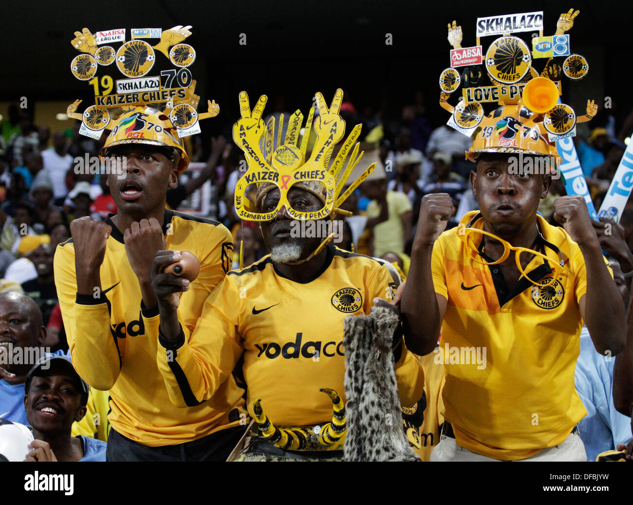 Kaizer Chiefs soccer fans watch as their side take on Orlando Pirates Moses  Mabhida Stadium in Durban March 25 2010 © Rogan Stock Photo - Alamy