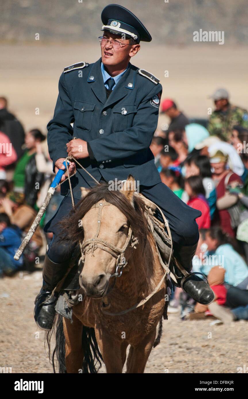 policeman on horseback in Bayan-Ölgii in Western Mongolia Stock Photo