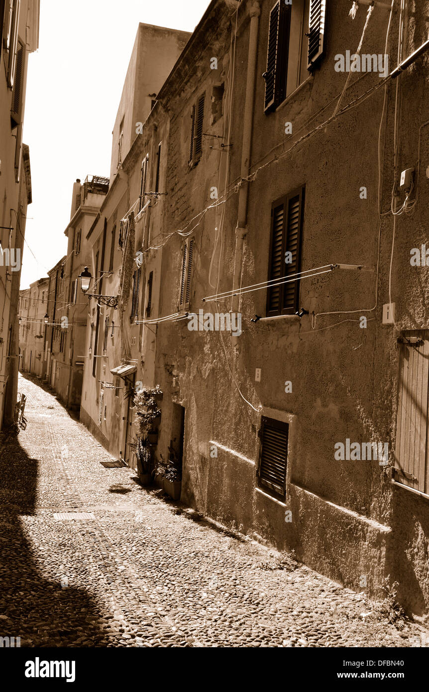 Ancient street of old city Alghero, Sardinia. Stock Photo