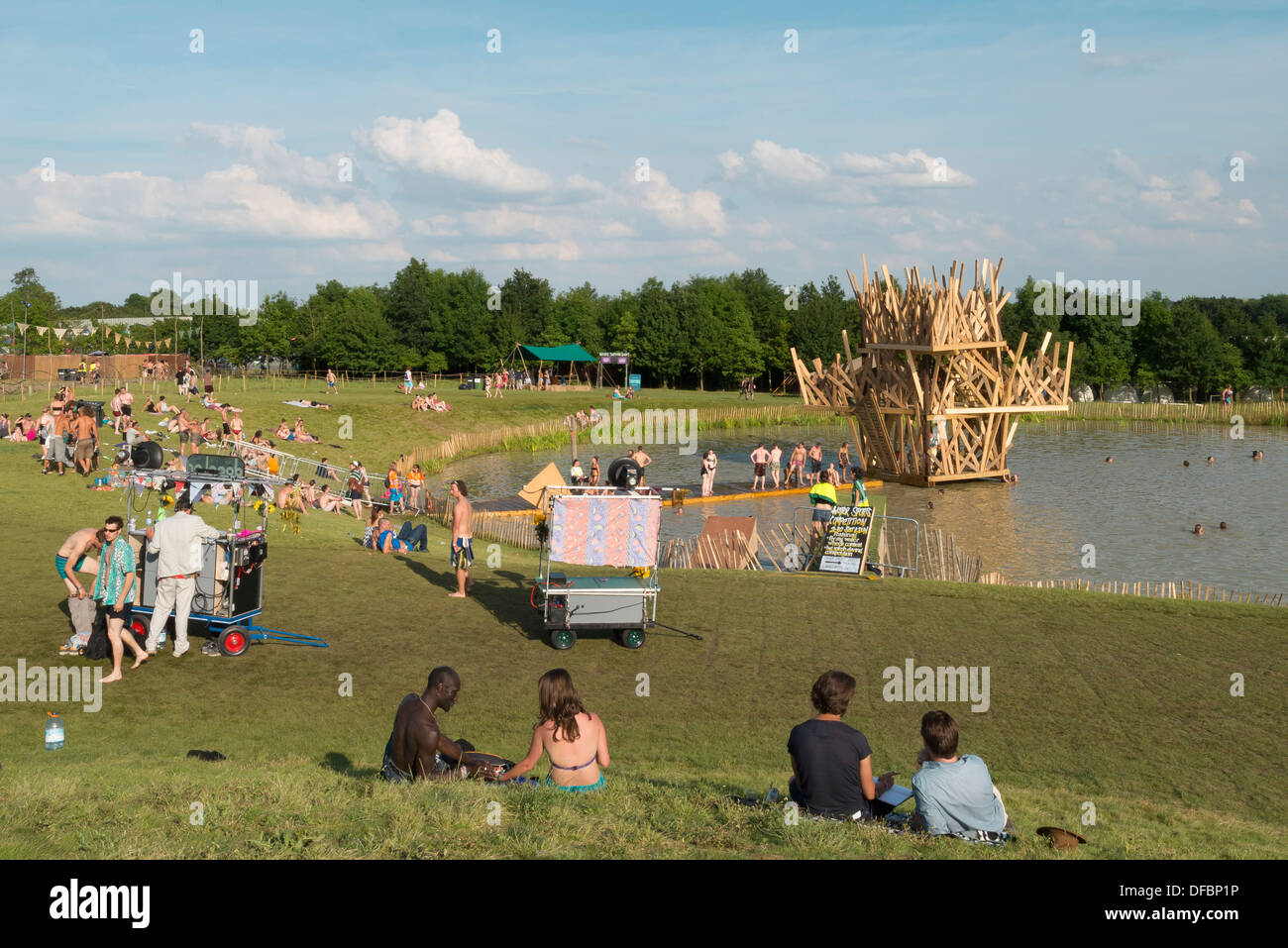The Temple, Abbots Ripton, United Kingdom. Architect: Andrew T Cross, 2013. Overall view of festival site. Stock Photo