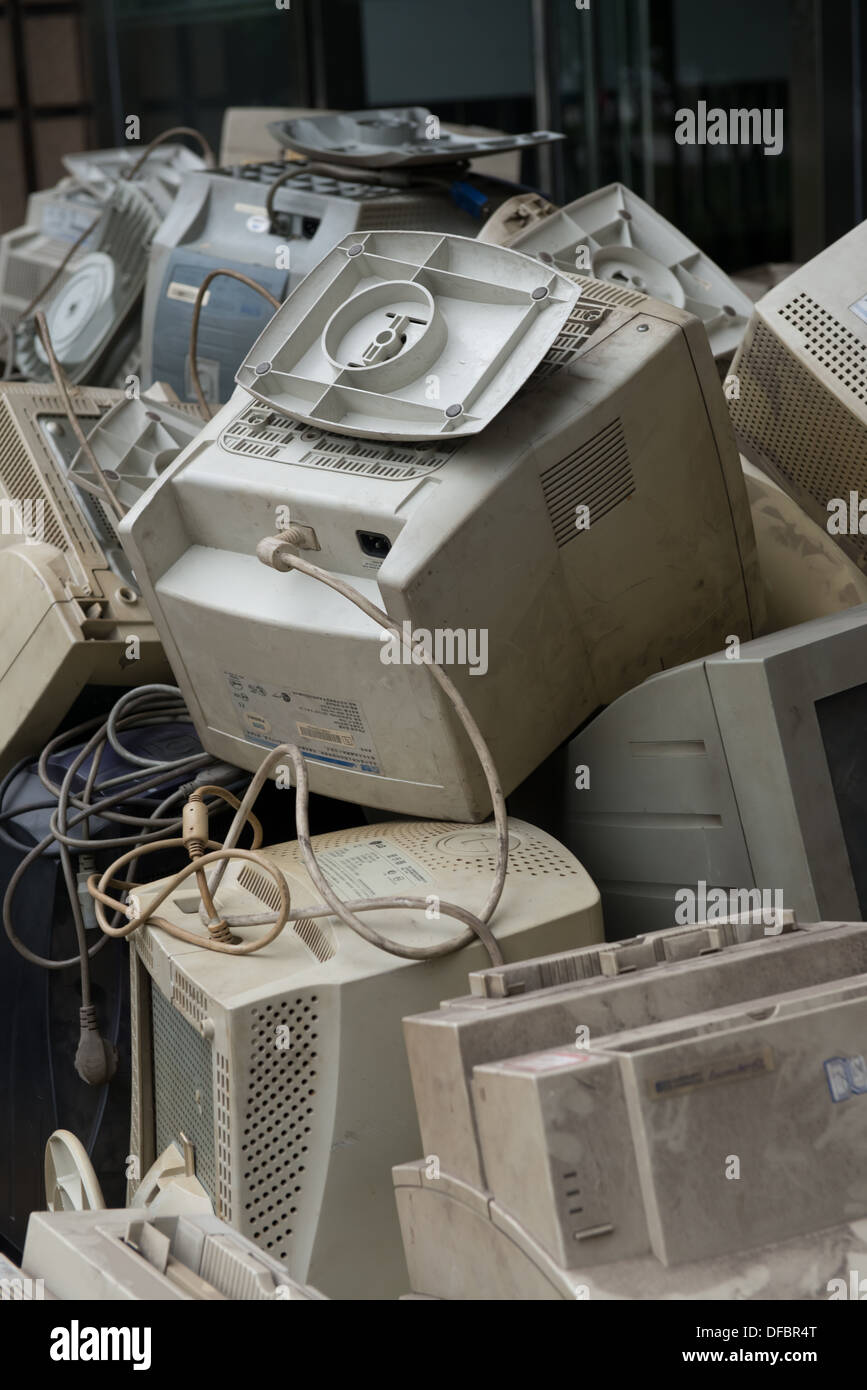 Taiyuan, Shanxi, China. A pile of computer monitors and printers. Stock Photo