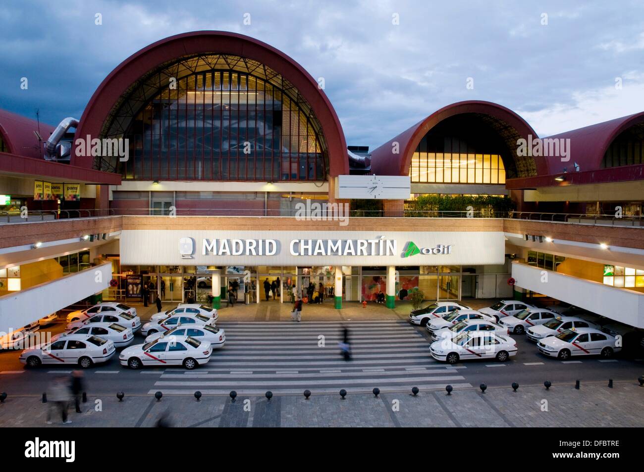 Chamartín railway station and taxi rank, night view. Madrid, Spain. Stock Photo