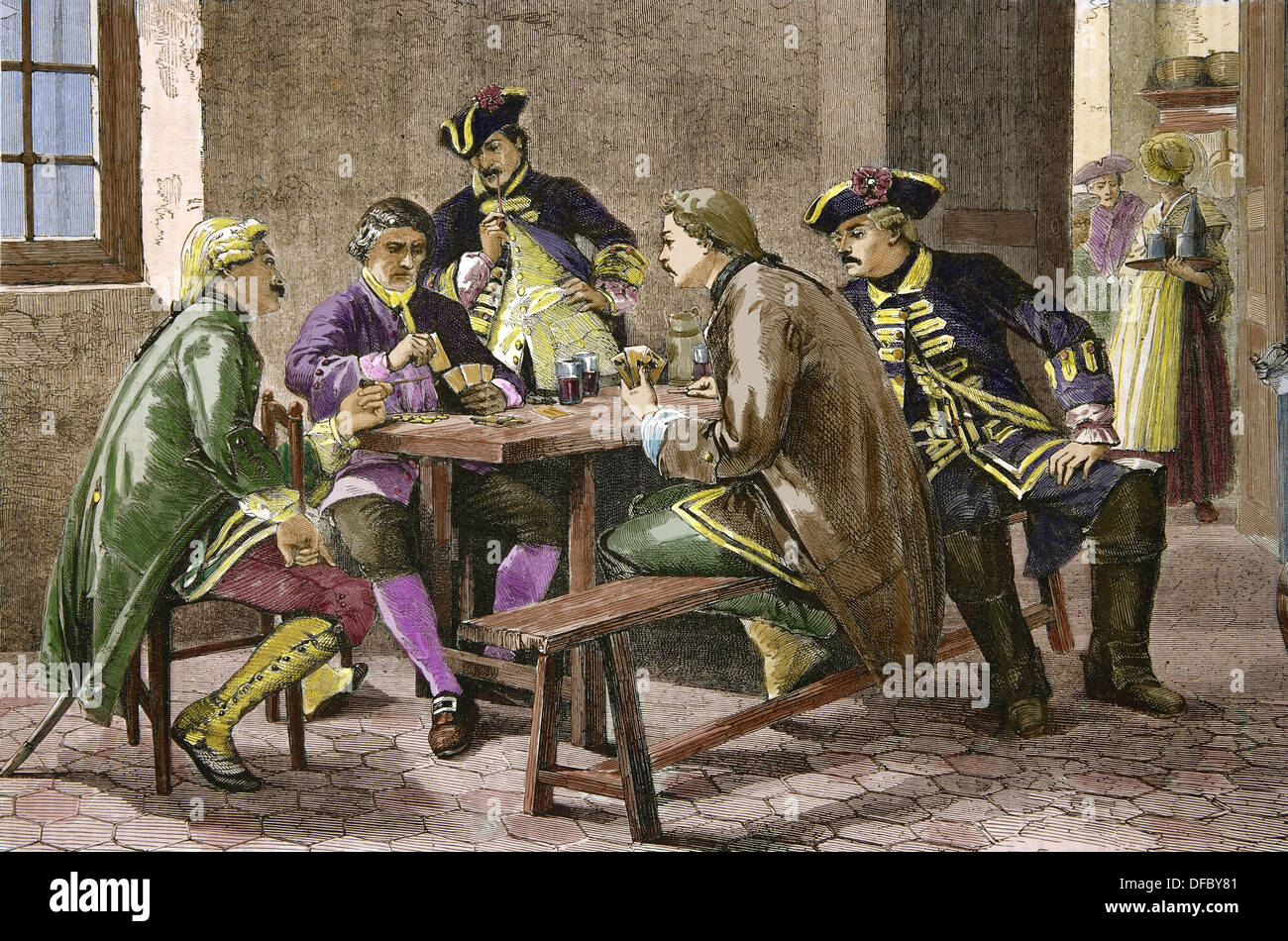 Guard soldiers playing cards. Engraving. Later coloration Stock Photo