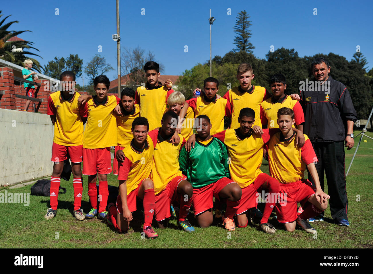 Under 15 Junior football player team with coach, Cape Town, Western