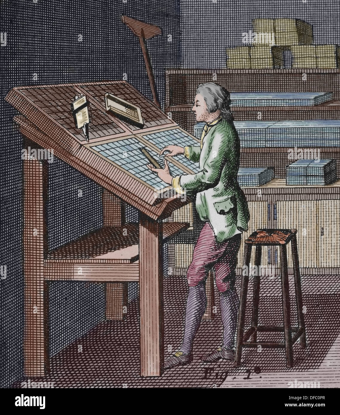 Printing. The typesetter (Fig 1) has the letters all arranged before him in the typecast. 'Encyclopedie'. Stock Photo