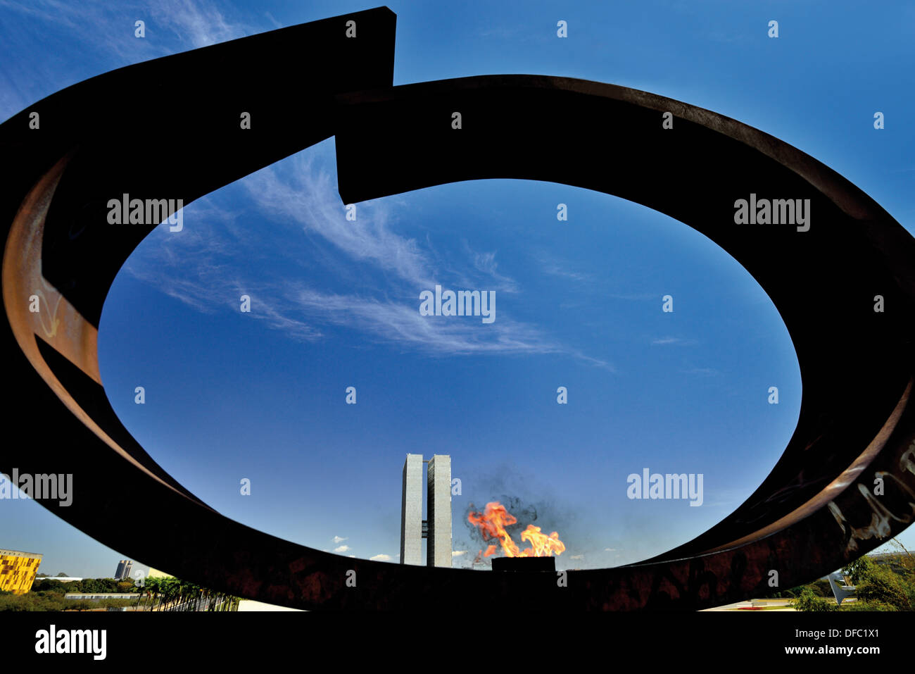 Brazil, Brasilia: Eternal flame of the National Pantheon of Liberty Tancredo Neves by Oscar Niemeyer Stock Photo
