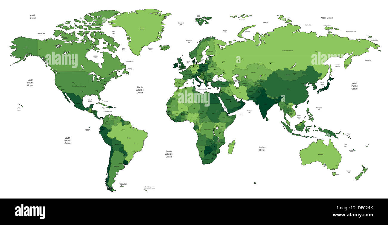 Detailed World map of green colors. Stock Photo