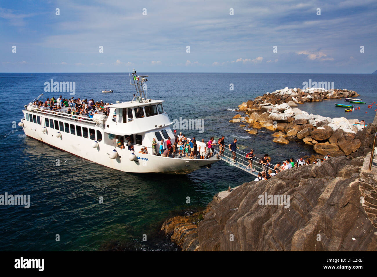Cinque Terre Boat Disembarking at Riomaggiore Liguria Italy Stock Photo