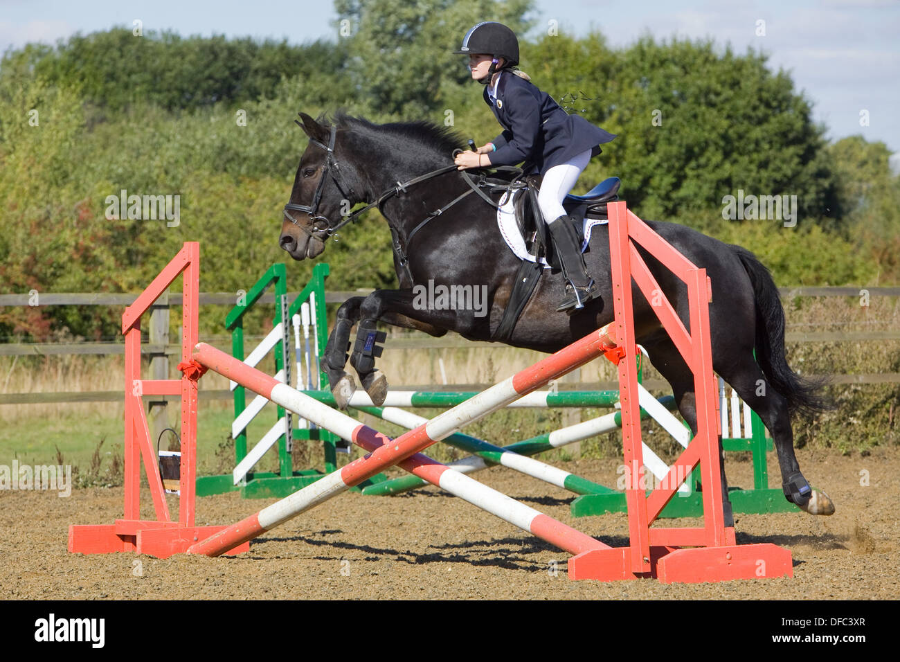 A horse and rider jumping a fence during a show jumping competition ...