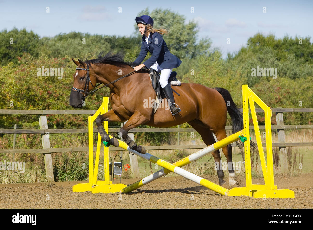 A horse and rider jumping a fence during a show jumping competition
