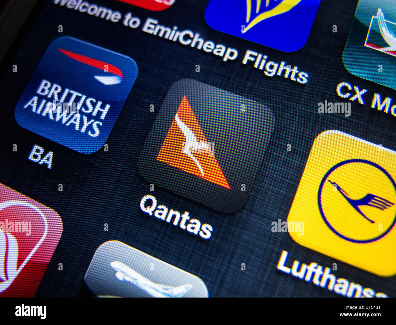 Detail of Qantas airline app icon on phone screen Stock Photo