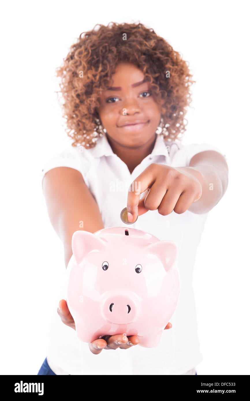 Happy Young Woman Saves Money in Piggy bank isolated Stock Photo - Alamy
