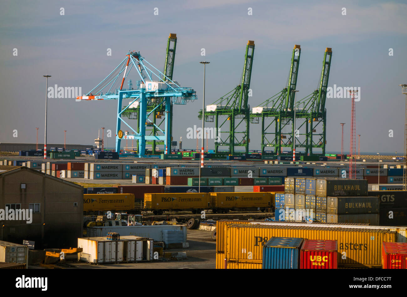 Zeebrugge port and container terminal, commerce, with ships, cranes