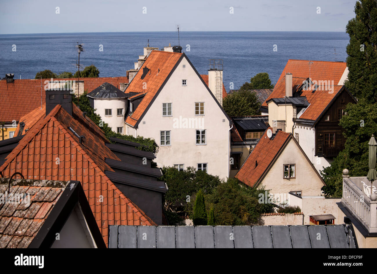 View over Hanseatic town of Visby overlooking the harbor on the Swedish island of Gotland int the Balic Sea Stock Photo