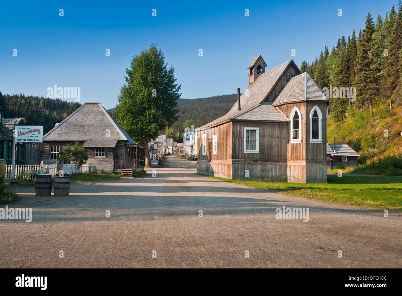 Church and buildings on main street in the historic village of