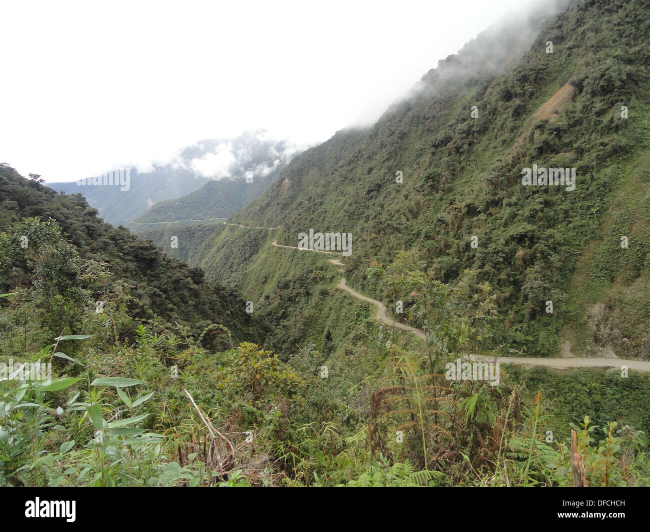 Mountain bikers take on the 'Worlds most dangerous road', from La Paz to Coroico, Bolivia Stock Photo