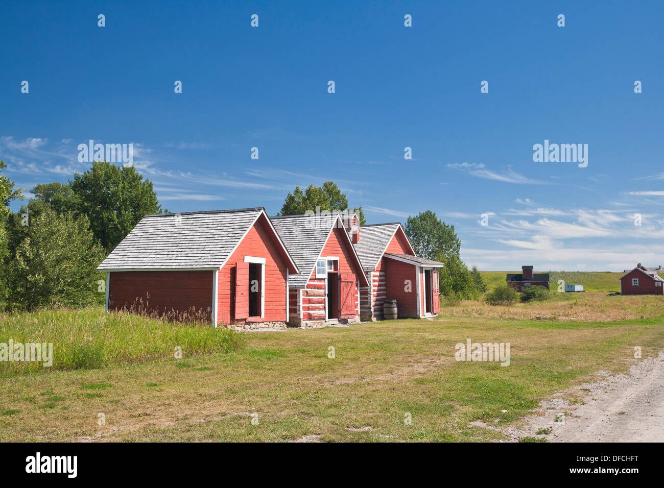 Three historic red wooden buildings in Alberta, Canada Stock Photo Alamy
