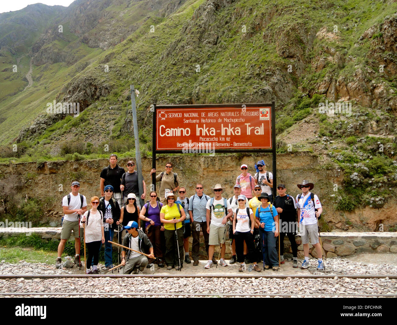 A group of trekkers at the start of the famous Inca Trail trek to Machu Picchu, near Cusco, Peru Stock Photo
