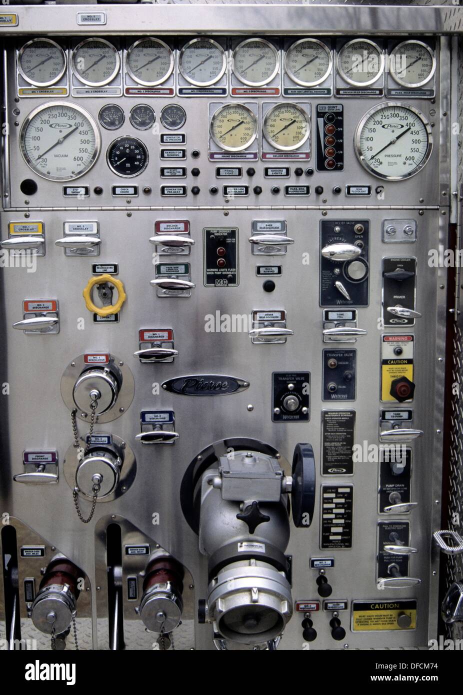 Pump panel is used pump enough water from a hose connected to a fire truck  to the firefighters holding the end of that hose Stock Photo - Alamy