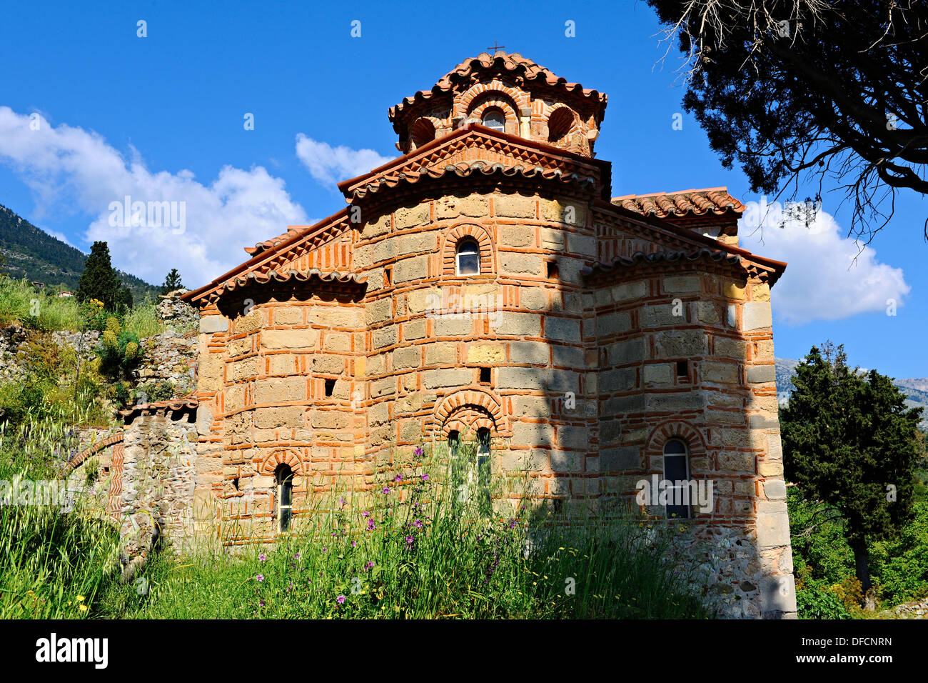 The exterior of the Byzantine Evangelistria's Church. Mystras ,  Sparta, the Peloponnese, Greece. A UNESCO World Heritage Site Stock Photo