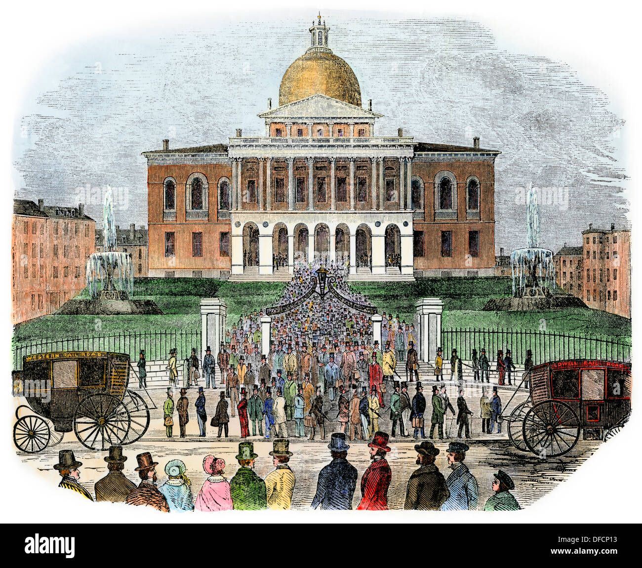 Crowds leaving the Massachusetts State Capitol on Beacon Hill, Boston, 1850s. Stock Photo