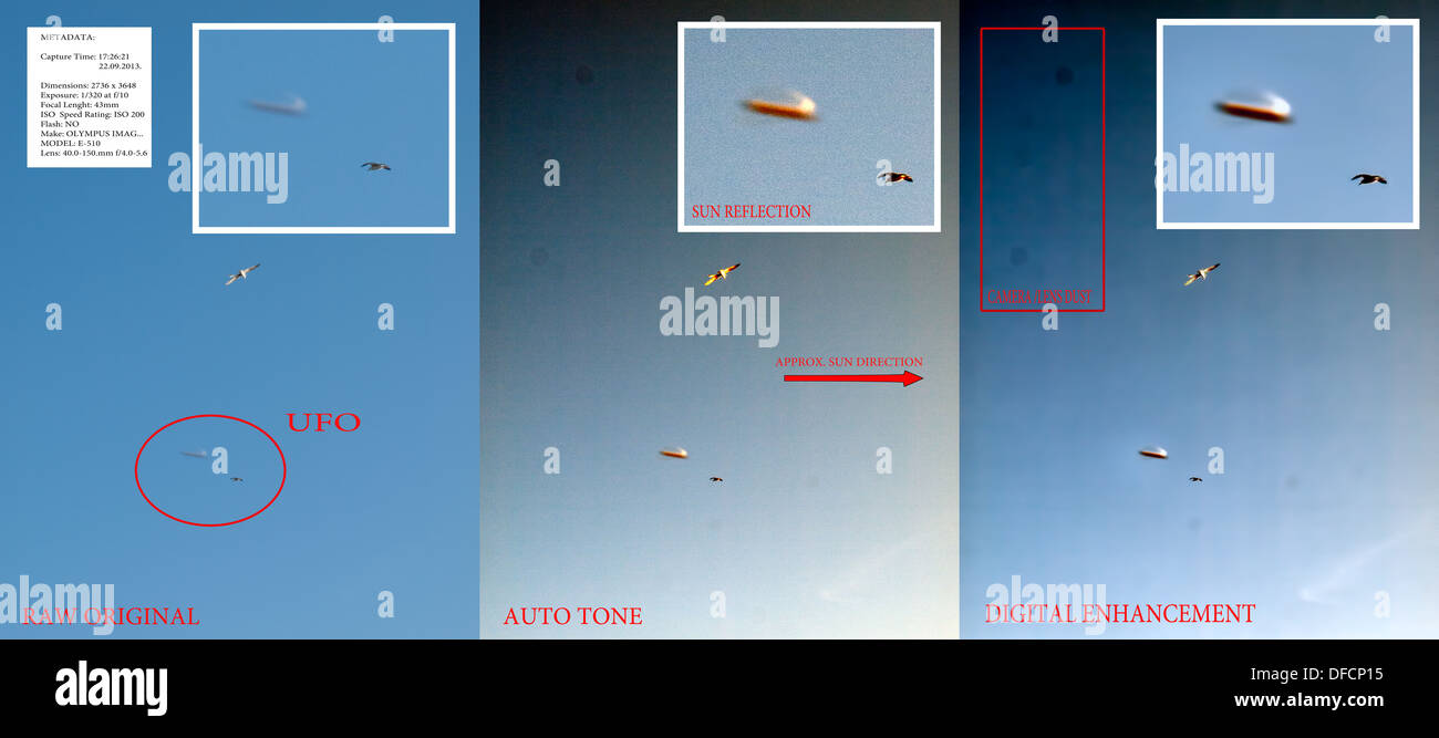 Compilation of 3 images (three degrees of  digital detail enhancement) of an unidentified flying object (UFO). See description! Stock Photo