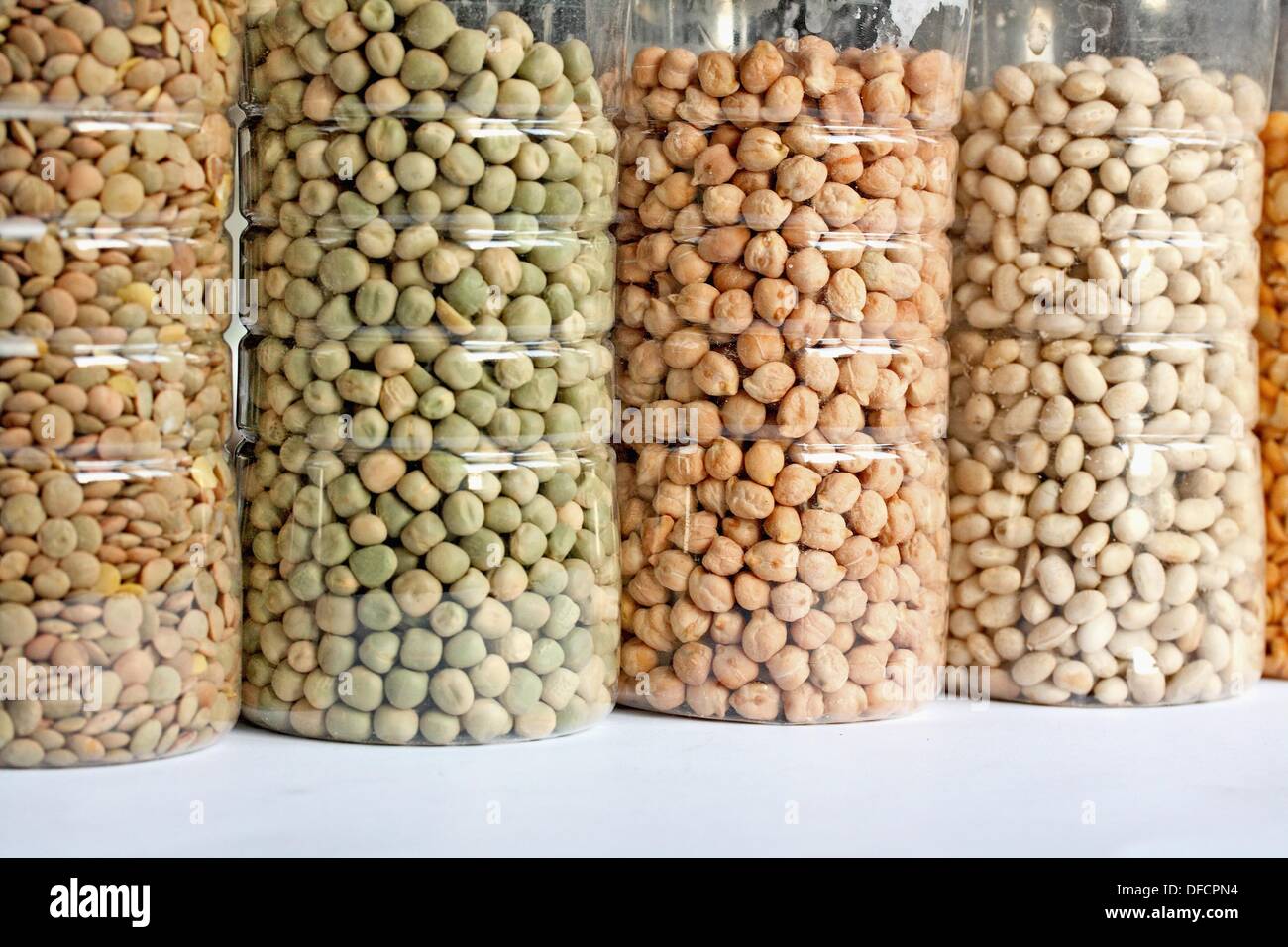 Lentils, green peas, chicke peas, small white beans and split yellow